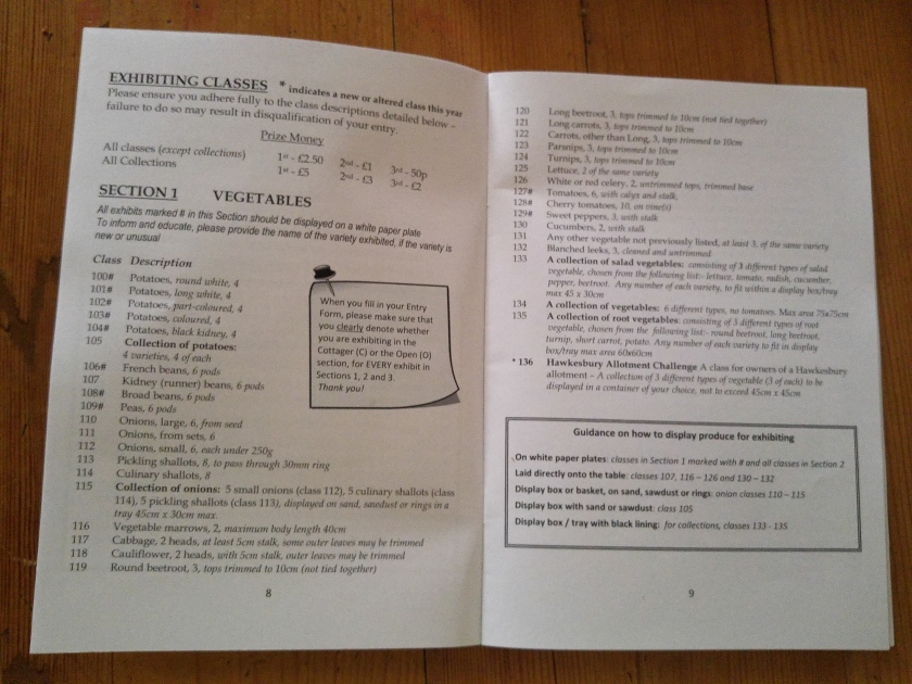Photo of interior of village show schedule showing details of vegetable class entry requirements