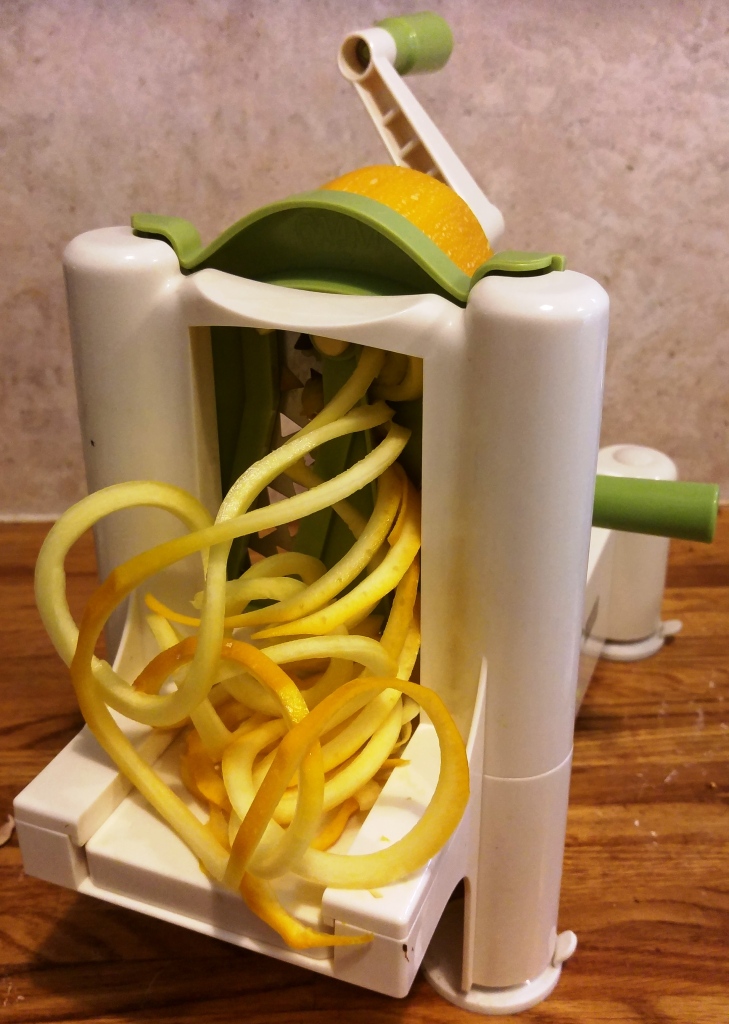 photo of spiraliser end on with ribbons of golden marrow