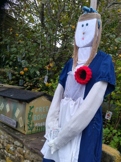 photo of Alice in Wonderland scarecrow wearing a knitted poppy