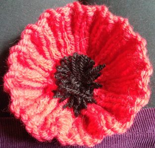 photo of a hand-knitted poppy